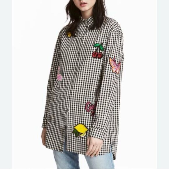 H&M Sequin Appliqué Gingham Check Button Front Shirt Black White Size 2 - Picture 2 of 15